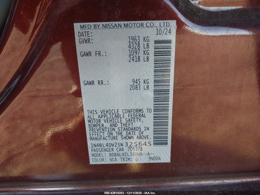 VIN 1N4BL4DV2SN325645 2025 NISSAN ALTIMA SV FWD