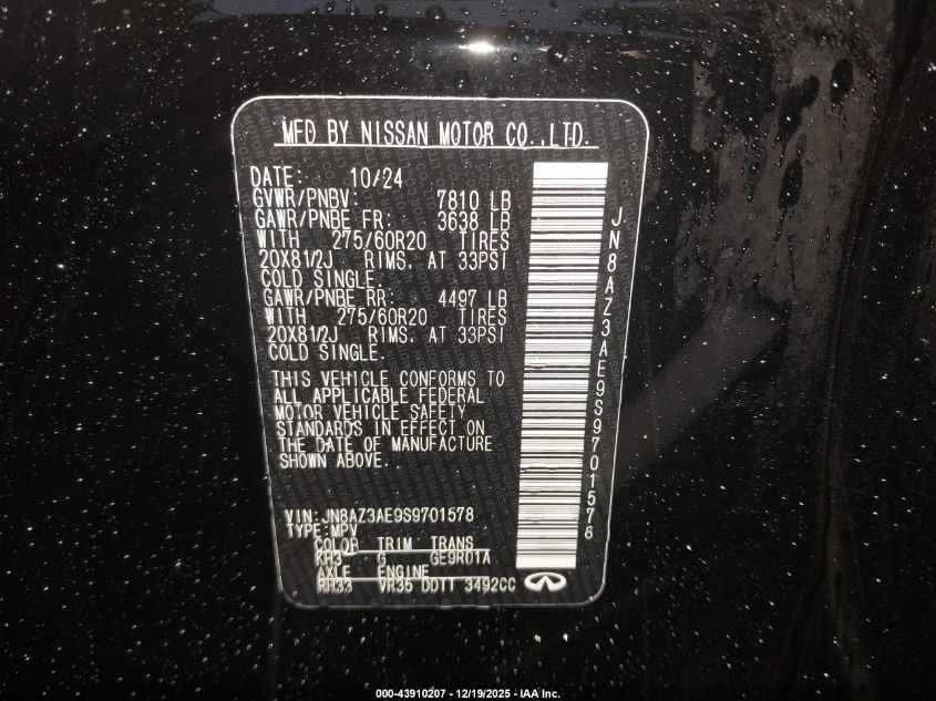 2025 Infiniti Qx80 Pure Awd VIN: JN8AZ3AE9S9701578 Lot: 43910207