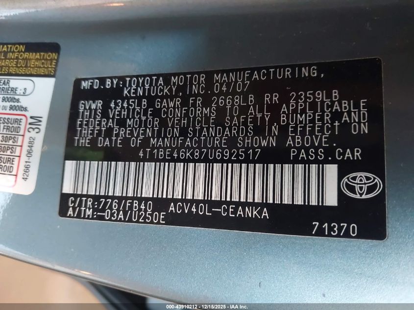 2007 Toyota Camry Le VIN: 4T1BE46K87U692517 Lot: 43910212