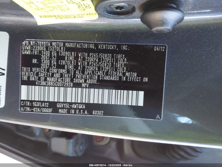 2012 Toyota Venza Xle V6 VIN: 4T3BK3BB5CU072928 Lot: 43910214