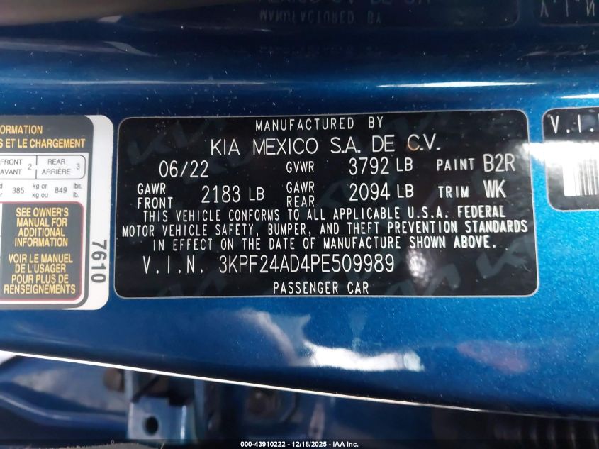 2023 Kia Forte Lxs VIN: 3KPF24AD4PE509989 Lot: 43910222