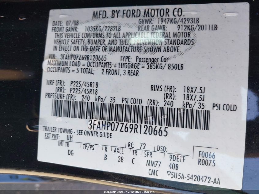 2009 Ford Fusion Se VIN: 3FAHP07Z69R120665 Lot: 43910225