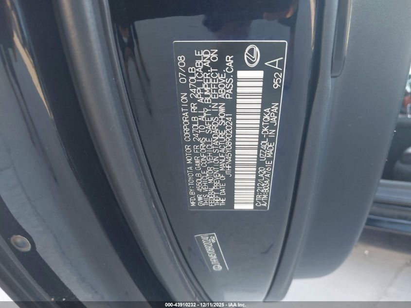 2008 Lexus Sc 430 VIN: JTHFN45Y089020241 Lot: 43910232