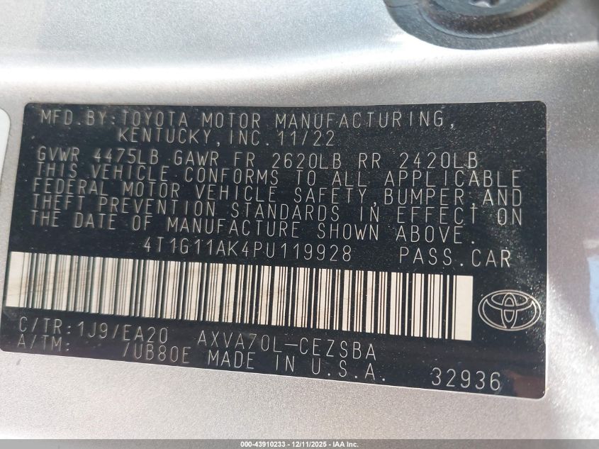 2023 Toyota Camry Se VIN: 4T1G11AK4PU119928 Lot: 43910233