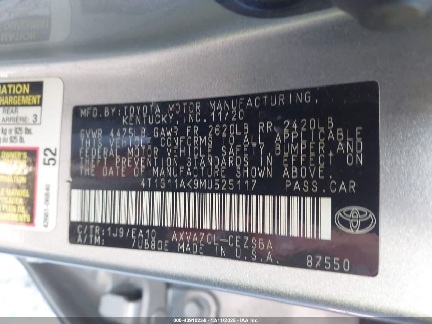 2021 Toyota Camry Se VIN: 4T1G11AK9MU525117 Lot: 43910234