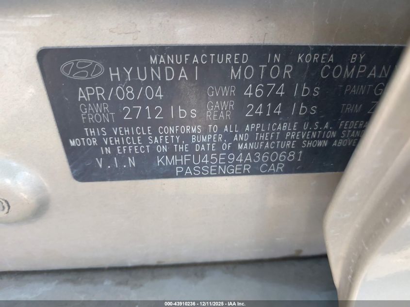 2004 Hyundai Xg350 L VIN: KMHFU45E94A360681 Lot: 43910236