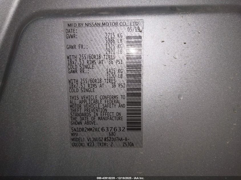 2019 Nissan Pathfinder Sl VIN: 5N1DR2MM2KC637632 Lot: 43910239