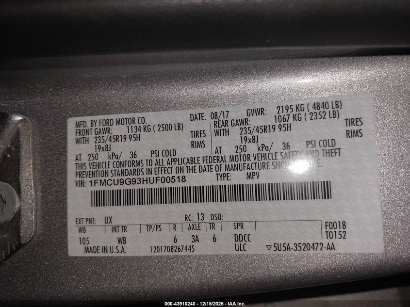 2017 Ford Escape Se VIN: 1FMCU9G93HUF00518 Lot: 43910240