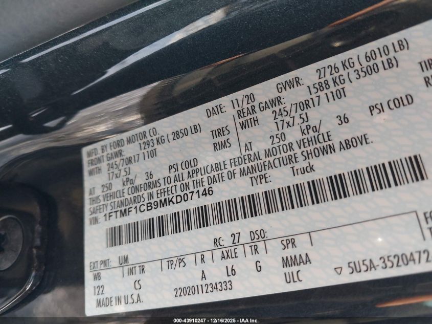 2021 Ford F-150 Xl VIN: 1FTMF1CB9MKD07146 Lot: 43910247