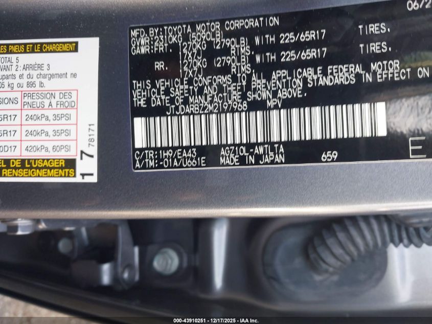 2021 Lexus Nx 300 VIN: JTJDARBZ2M2197968 Lot: 43910251