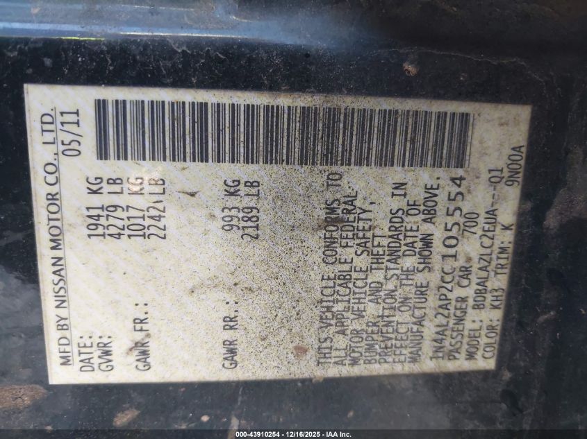 2012 Nissan Altima 2.5 VIN: 1N4AL2AP2CC105554 Lot: 43910254