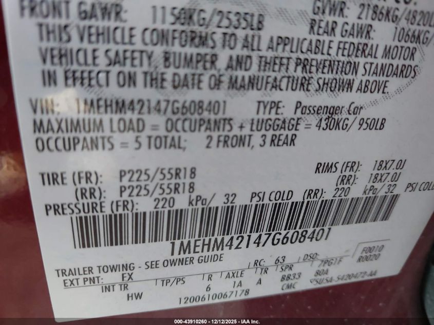 2007 Mercury Montego Premier VIN: 1MEHM42147G608401 Lot: 43910260