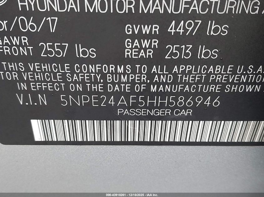 2017 Hyundai Sonata Se VIN: 5NPE24AF5HH586946 Lot: 43910261