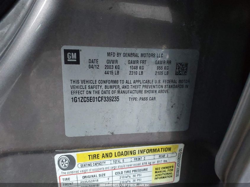 2012 Chevrolet Malibu 1Lt VIN: 1G1ZC5E01CF339235 Lot: 43910273