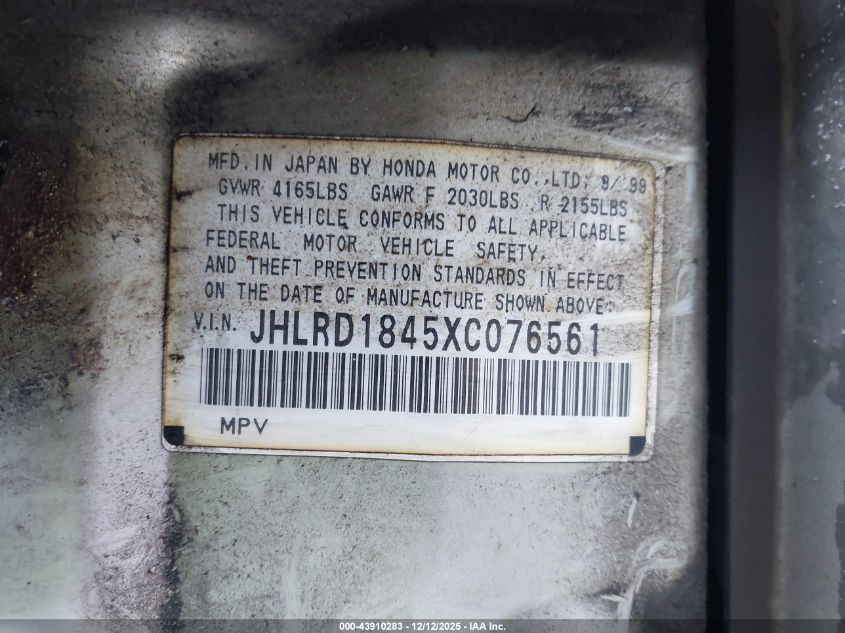 1999 Honda Cr-V Lx VIN: JHLRD1845XC076561 Lot: 43910283
