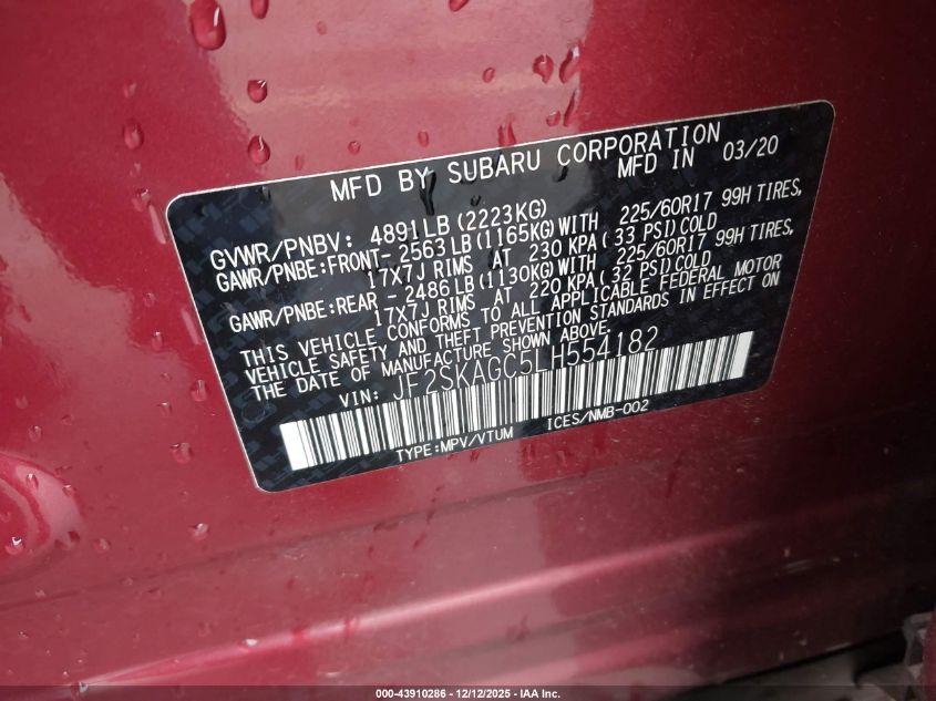 2020 Subaru Forester Premium VIN: JF2SKAGC5LH554182 Lot: 43910286