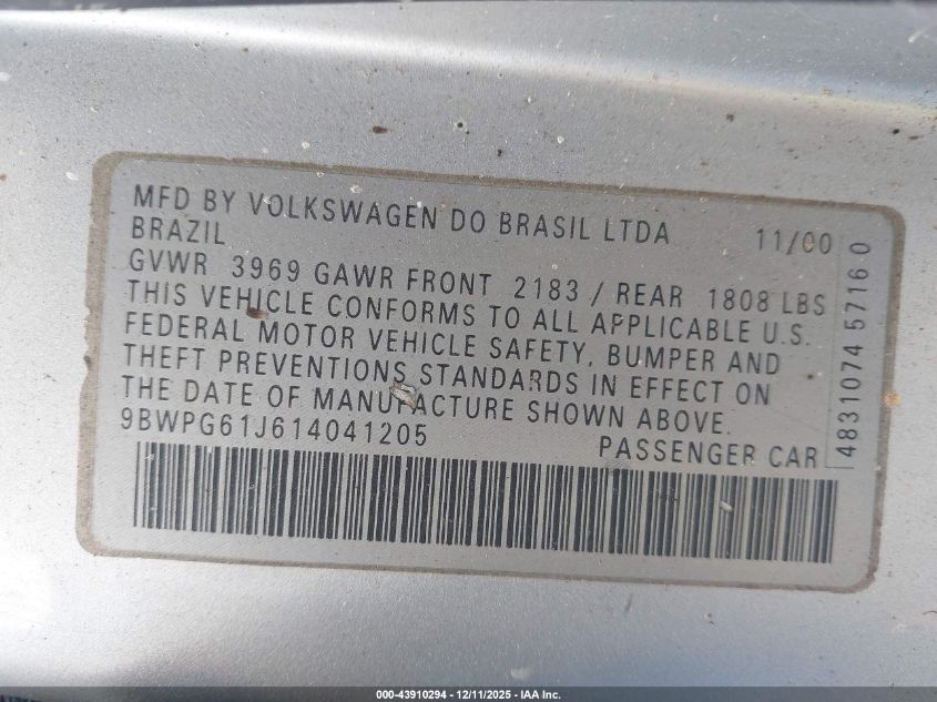 2001 Volkswagen Gti Glx VIN: 9BWPG61J614041205 Lot: 43910294