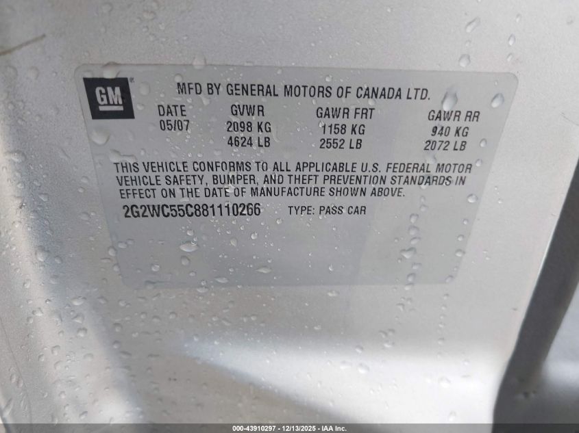 2008 Pontiac Grand Prix Gxp VIN: 2G2WC55C881110266 Lot: 43910297