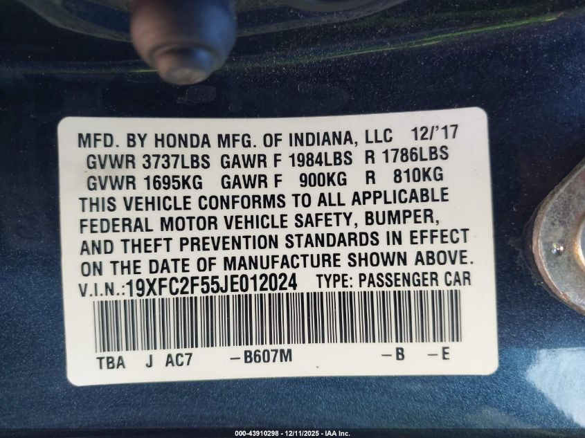 2018 Honda Civic Lx VIN: 19XFC2F55JE012024 Lot: 43910298