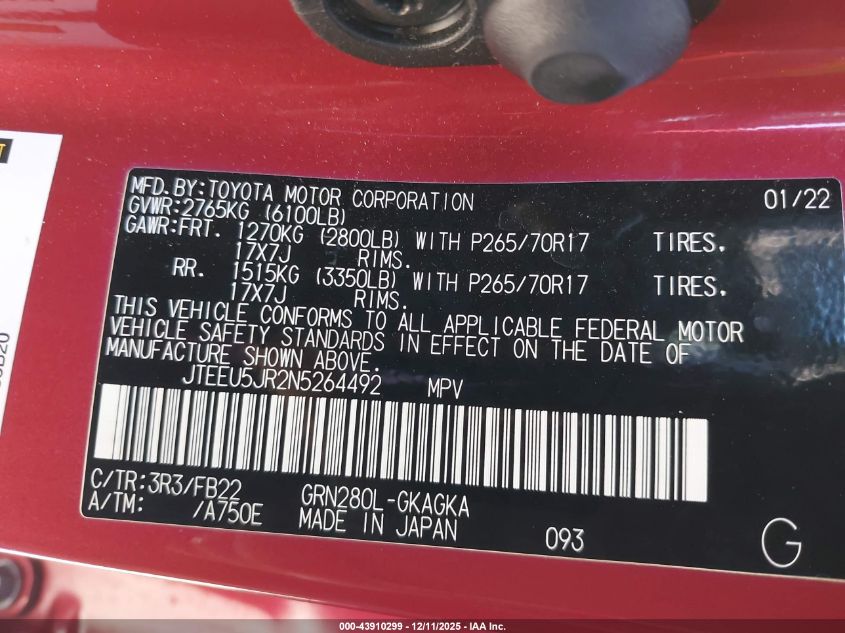 2022 Toyota 4Runner Sr5 VIN: JTEEU5JR2N5264492 Lot: 43910299