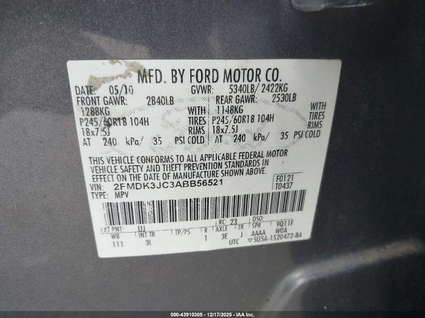 2010 Ford Edge Sel VIN: 2FMDK3JC3ABB56521 Lot: 43910305