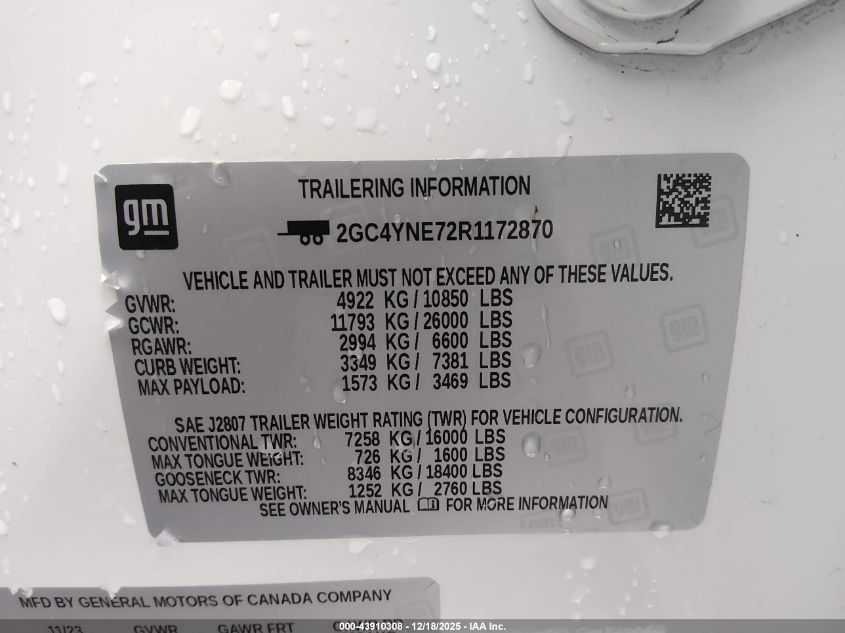 2024 Chevrolet Silverado 2500Hd 4Wd Standard Bed Lt VIN: 2GC4YNE72R1172870 Lot: 43910308
