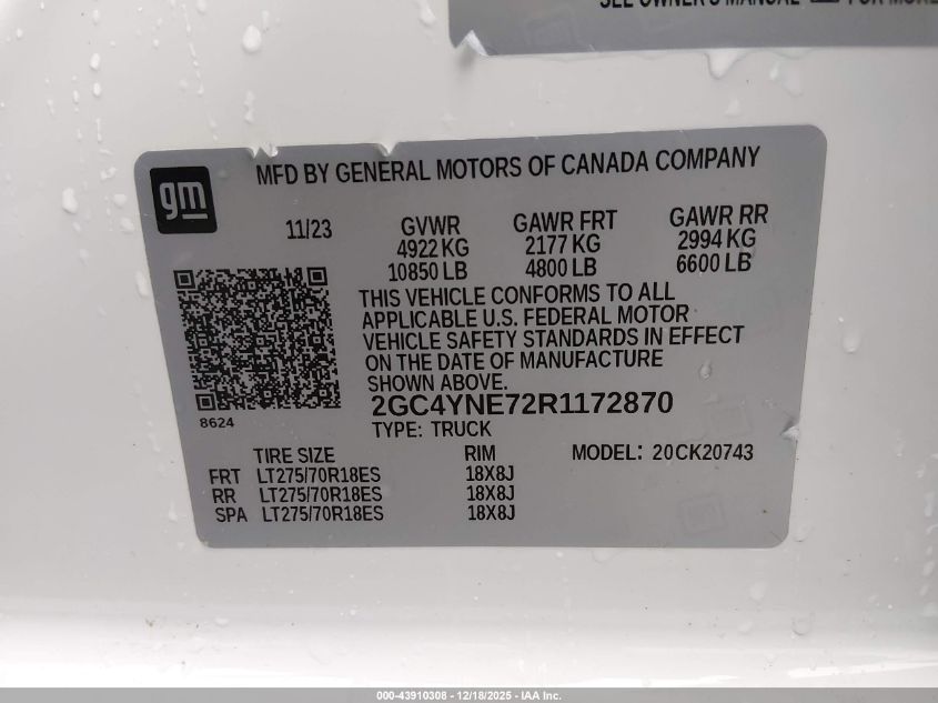 2024 Chevrolet Silverado 2500Hd 4Wd Standard Bed Lt VIN: 2GC4YNE72R1172870 Lot: 43910308