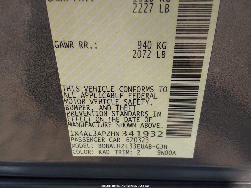 2017 Nissan Altima 2.5 Sr VIN: 1N4AL3AP2HN341932 Lot: 43910314