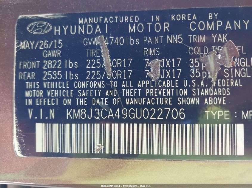 2016 Hyundai Tucson Se VIN: KM8J3CA49GU022706 Lot: 43910334