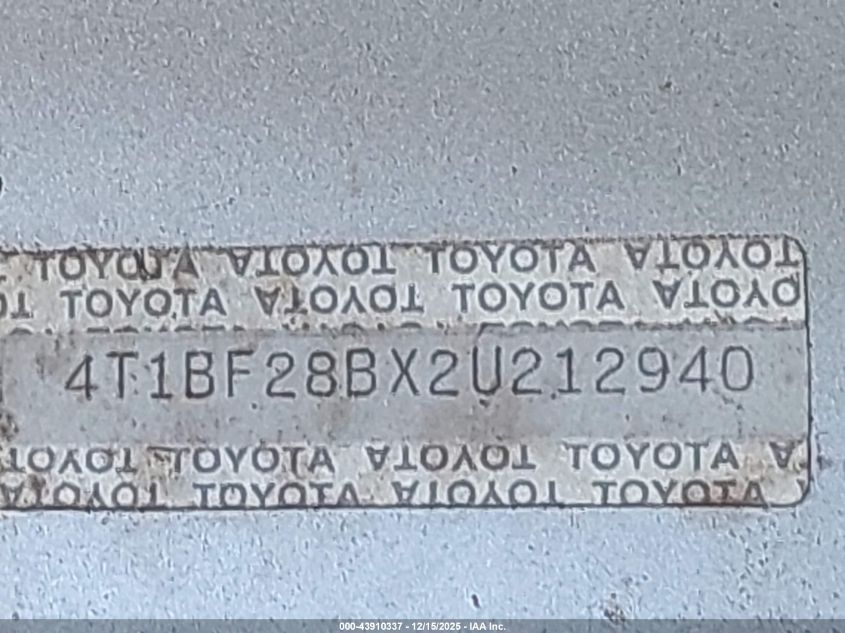 2002 Toyota Avalon Xl VIN: 4T1BF28BX2U212940 Lot: 43910337