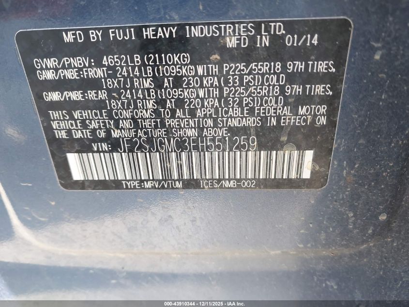 2014 Subaru Forester 2.0Xt Touring VIN: JF2SJGMC3EH551259 Lot: 43910344