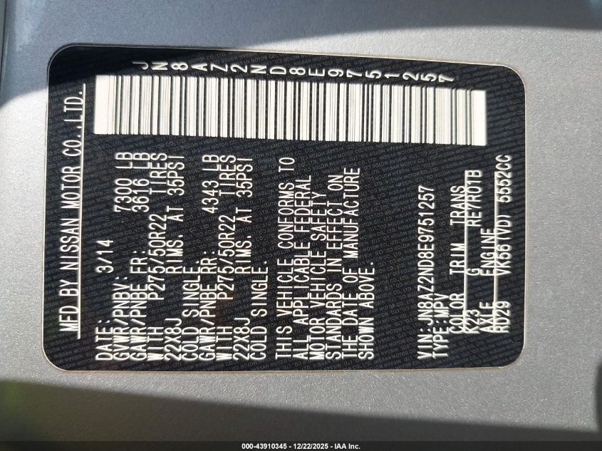 2014 Infiniti Qx80 VIN: JN8AZ2ND8E9751257 Lot: 43910345