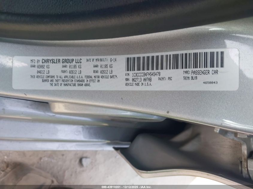 2015 Chrysler 200C VIN: 01CCCCCBXFN545478 Lot: 43910351