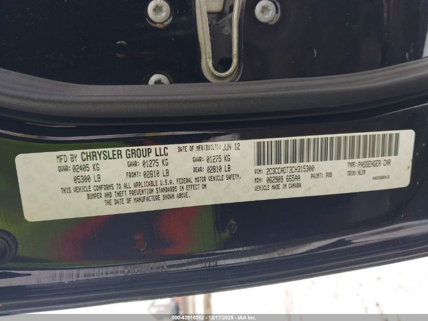 2012 Chrysler 300 S V8 VIN: 2C3CCADT3CH315300 Lot: 43910352