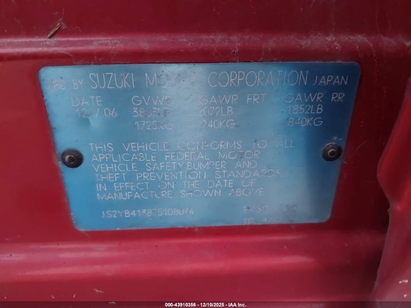 2007 Suzuki Sx4 Convenience/Rally VIN: JS2YB413875108074 Lot: 43910356