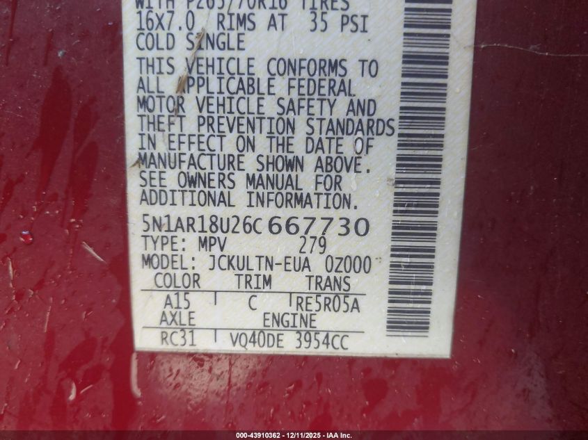 2006 Nissan Pathfinder Se VIN: 5N1AR18U26C667730 Lot: 43910362