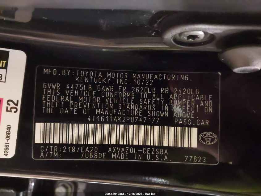 2023 Toyota Camry Se VIN: 4T1G11AK2PU747177 Lot: 43910364