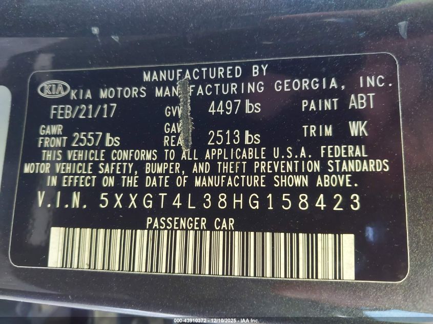 2017 Kia Optima Lx VIN: 5XXGT4L38HG158423 Lot: 43910372