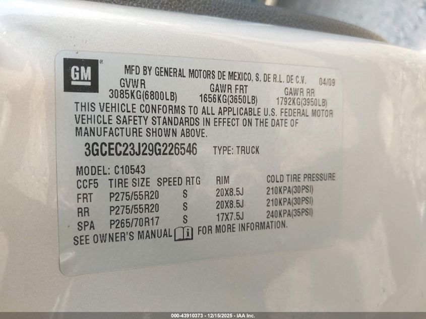 2009 Chevrolet Silverado 1500 Lt VIN: 3GCEC23J29G226546 Lot: 43910373