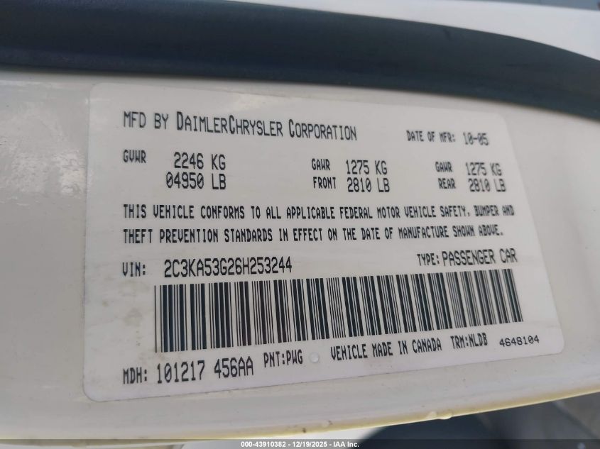 2006 Chrysler 300 Touring VIN: 2C3KA53G26H253244 Lot: 43910382