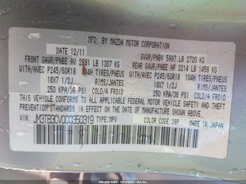 2012 Mazda Cx-9 VIN: JM3TB3CV0C0350319 Lot: 43910389