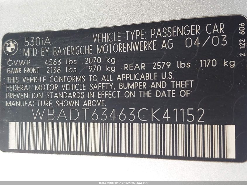 2003 BMW 530Ia VIN: WBADT63463CK41152 Lot: 43910392