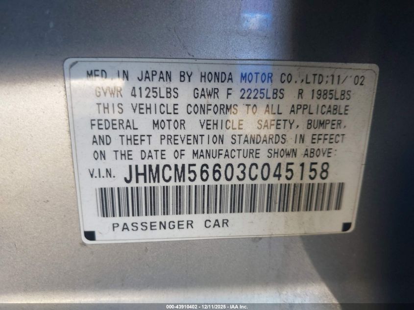 2003 Honda Accord 2.4 Ex VIN: JHMCM56603C045158 Lot: 43910402