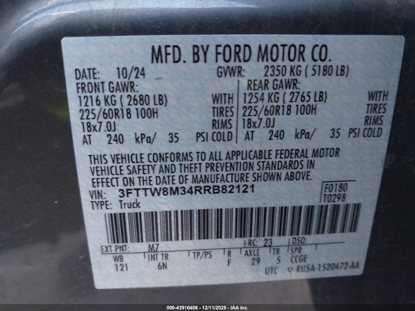 2024 Ford Maverick Lariat VIN: 3FTTW8M34RRB82121 Lot: 43910406