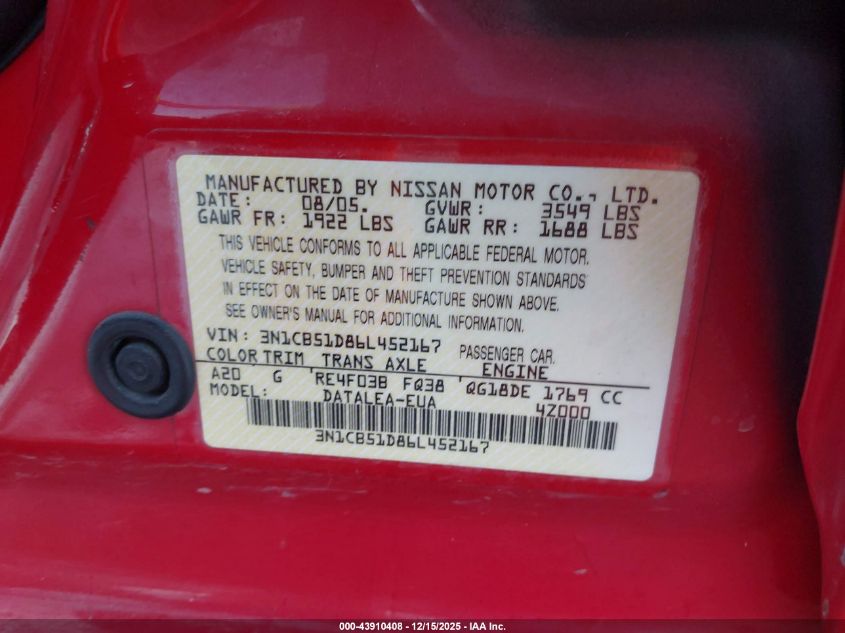 2006 Nissan Sentra 1.8S VIN: 3N1CB51D86L452167 Lot: 43910408