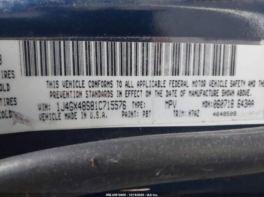 2001 Jeep Grand Cherokee Laredo VIN: 1J4GX48S81C715576 Lot: 43910409