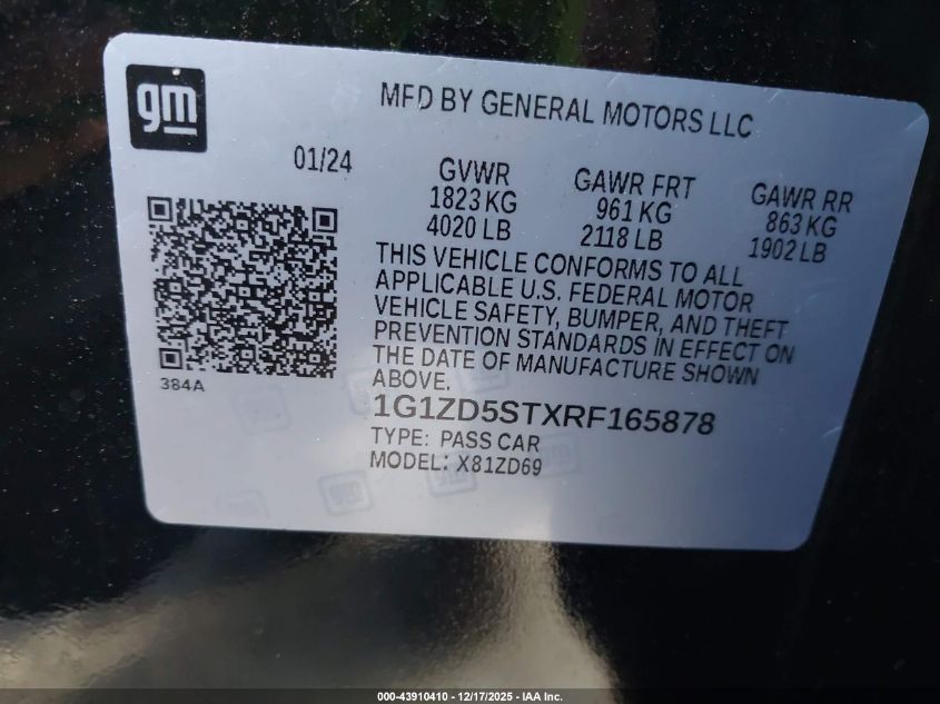 2024 Chevrolet Malibu Fwd 1Lt VIN: 1G1ZD5STXRF165878 Lot: 43910410