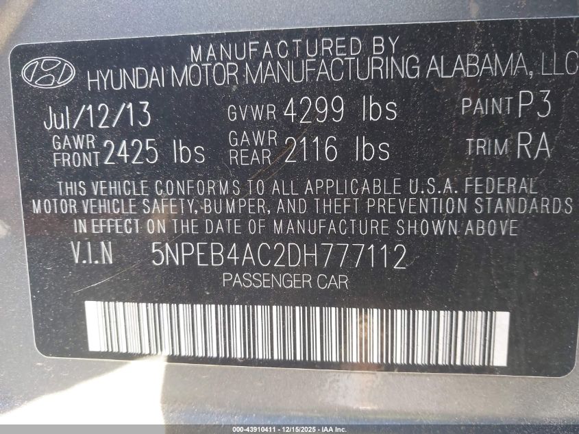 2013 Hyundai Sonata Gls VIN: 5NPEB4AC2DH777112 Lot: 43910411