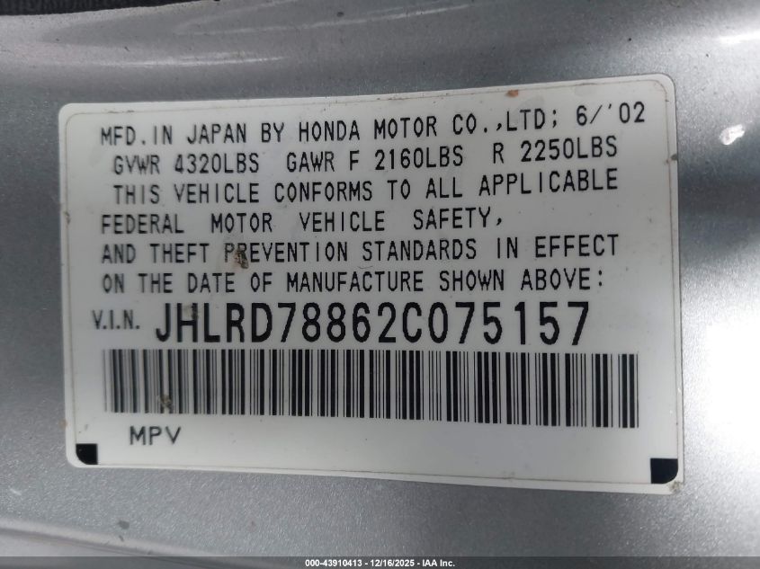 2002 Honda Cr-V Ex VIN: JHLRD78862C075157 Lot: 43910413