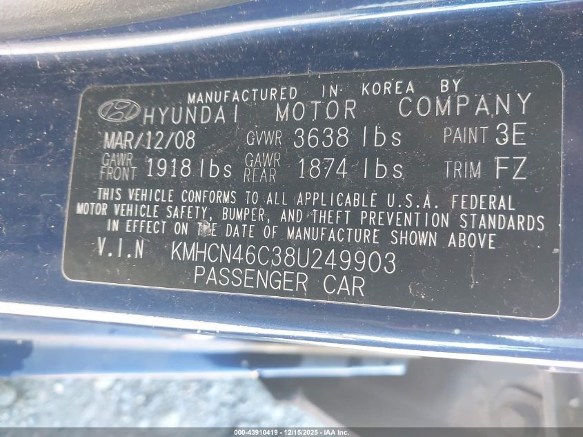 2008 Hyundai Accent Gls VIN: KMHCN46C38U249903 Lot: 43910419